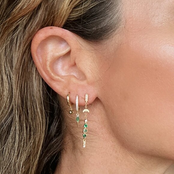 Green Zircon Dangle Earrings Gold Crescent Moon Drop Earrings Celestial Jewelry - Picture 4 of 8